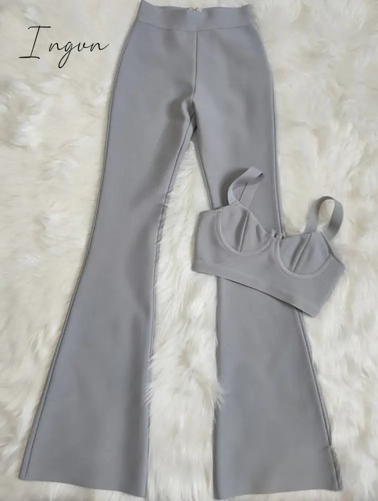 Ingvn - Set 2 Pieces Strap Sleeveless Bustiers And Long Bell-Bottoms Trousers Sexy Celebrity Party Sheath Vestidos  Dobanmbd