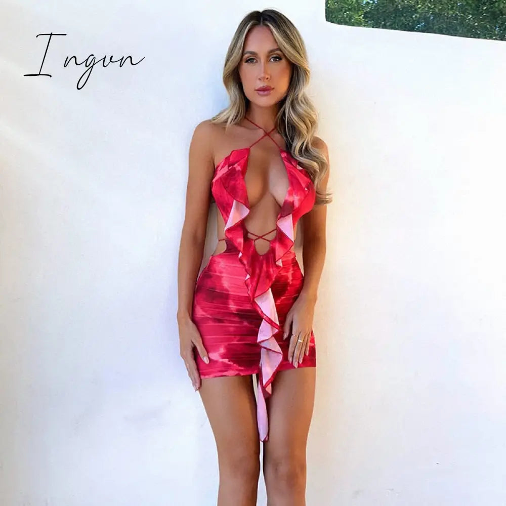 Ingvn - Hollow Out Ruffle Sexy Mini Dress For Women Robe Summer New Halter Backless Bodycon Beach Holiday Party Dress Vestido