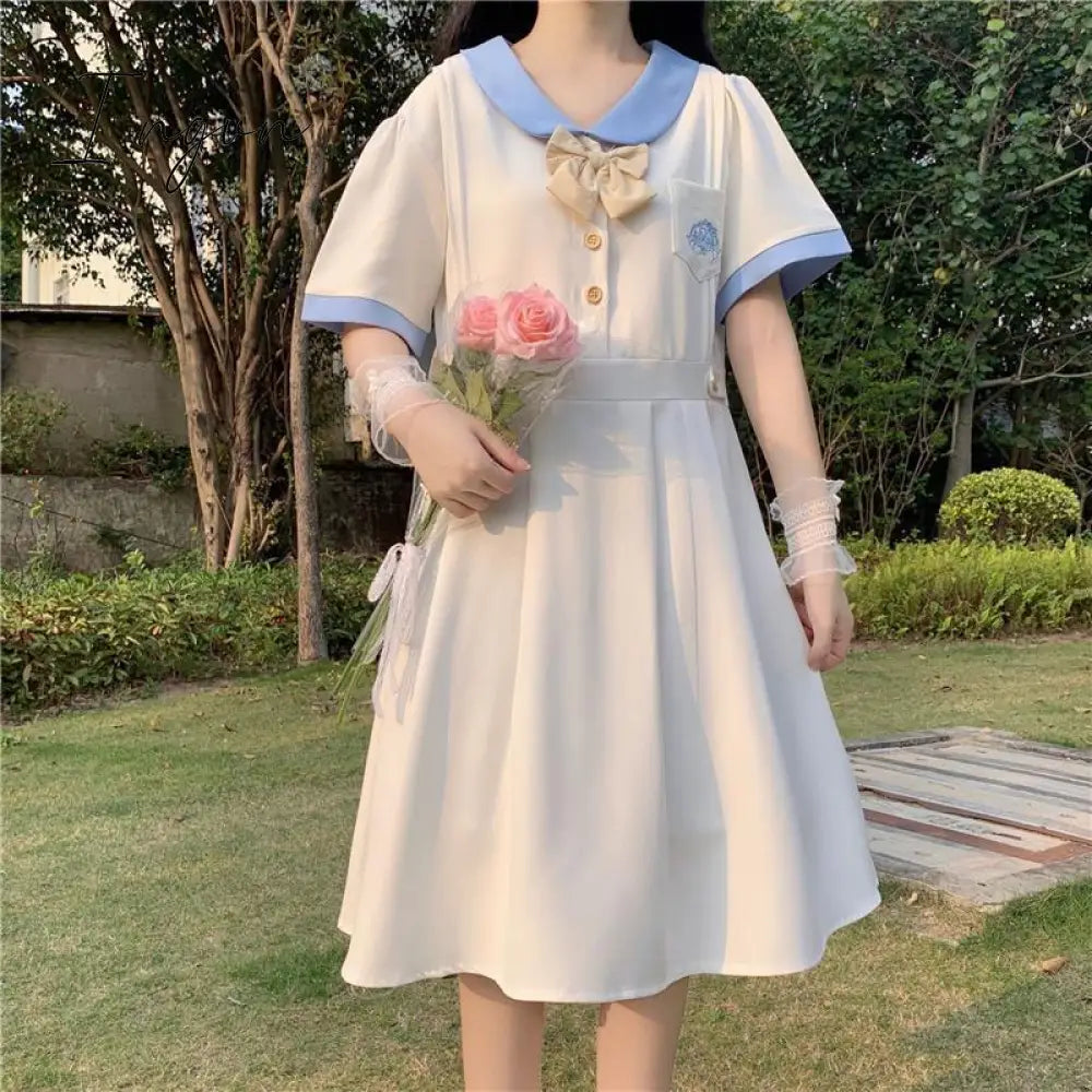Ingvn - Harajuku Sailor Collar Navy Dress Japanese Lolita Sweet Bow-knot Girl Retro Cotton Kawaii Preppy Style Short Sleeve Dress Women