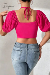 Ingvn - Cropped Halter Neck Tie Back Blouse
