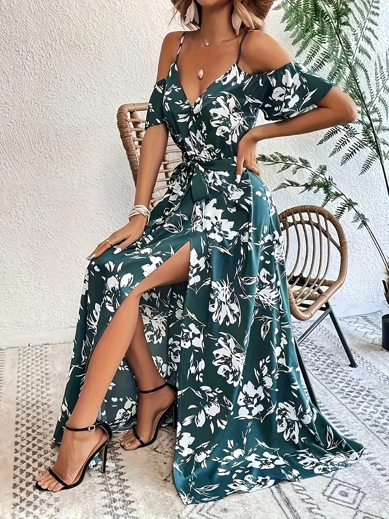 Vibrant Floral Print A-Line Dress - Cold Shoulder, Belted, Split Sleeveless, Elegant, Comfortable, Spring & Summer Essential - Women's Clothing, Perfect for Outdoor Activities