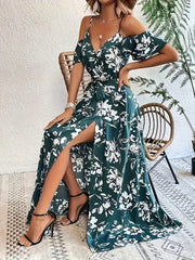 Vibrant Floral Print A-Line Dress - Cold Shoulder, Belted, Split Sleeveless, Elegant, Comfortable, Spring & Summer Essential - Women's Clothing, Perfect for Outdoor Activities