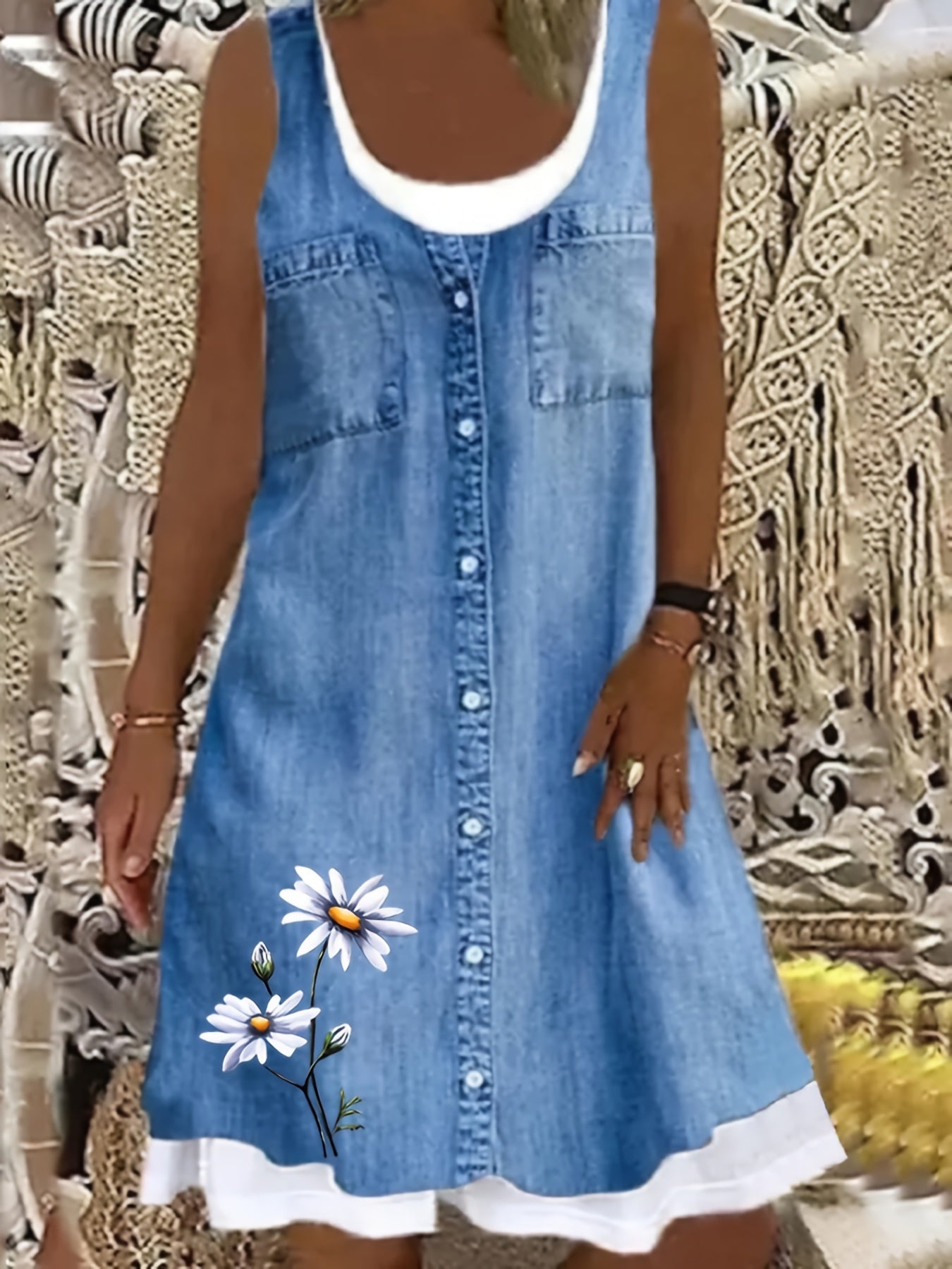 Plus Size Floral Denim Charm - Womens Casual Round Neck Loose Tank Dress with Boho Style - Comfortable & Fashionable for All Seasons