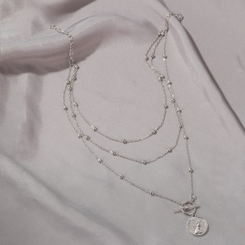 Retro Portrait Exaggerated Thick Chain Necklace Double Layer Cool Chain Hip Hop Necklace Short Clavicle Chain Accessories