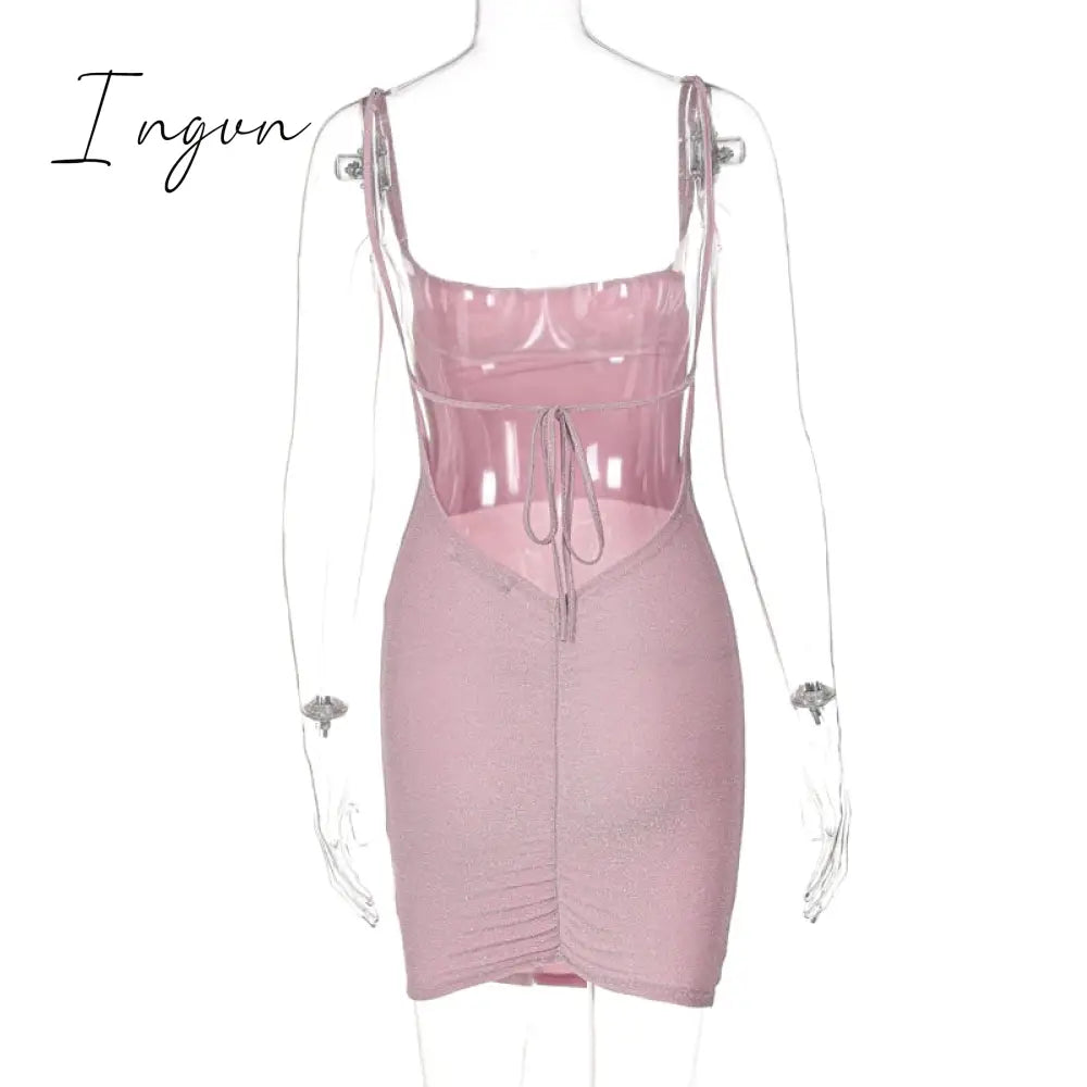 Ingvn - Bling Glitter Sequin Women Strap Mini Dress Ruched Lace Up Backless Bodycon Sexy Party Club Autumn Winter Elegant