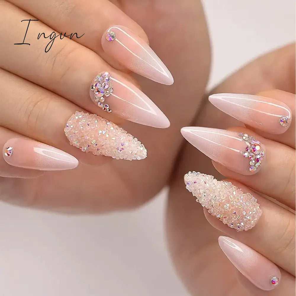 24Pcs 3D Long Almond False Nails Red Nude Ballet Stiletto Wearable Fake Nails MilkTea Color Jelly Full Cover Press On Nail Tips
