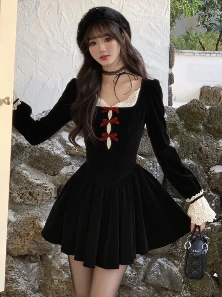 Y2K Sweet  Black Velvet Womens Dresses French Vintage Lace Patchwork Princess Birthday Party Mini Dress Female Short Vestidos