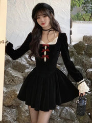 Y2K Sweet  Black Velvet Womens Dresses French Vintage Lace Patchwork Princess Birthday Party Mini Dress Female Short Vestidos