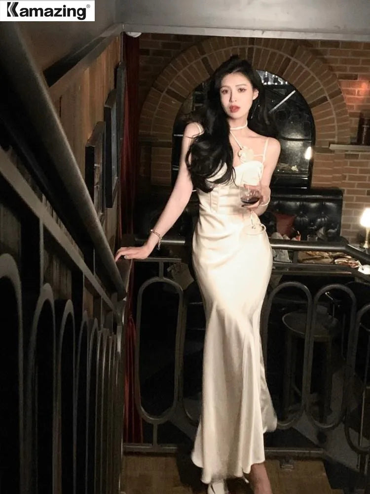 Summer Women Sexy Spaghetti Strap Evening Party Prom Club New Elegant Backless Split Satin Long Dresses Female Vestidos