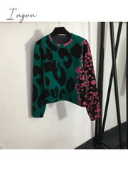 Ingvn - 2023 New Women Fashion Casual Comfortable Leopard Print Crew Neck Long-Sleeved Pullover Sweater