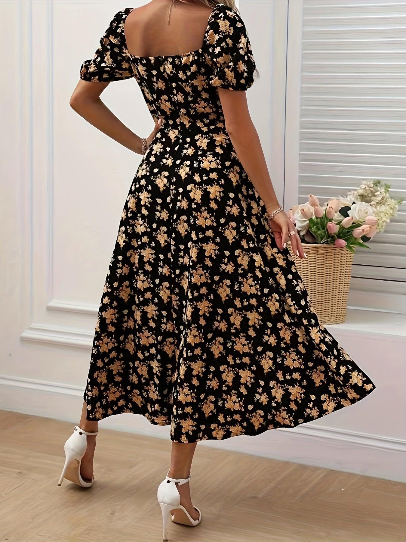 Elegant Floral Puff Sleeve Dress - Lightweight, Split Hem A-line for Spring & Summer Occasions