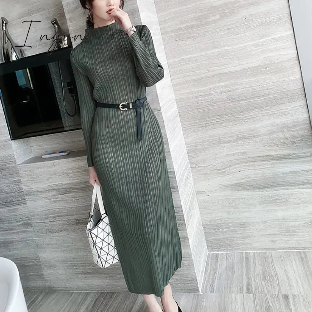 Ingvn - Trends Spring Winter Miyake Pleated Women Comfortable Dress Long Sleeve High Quality Korean Style Casual Aesthetic Clothes