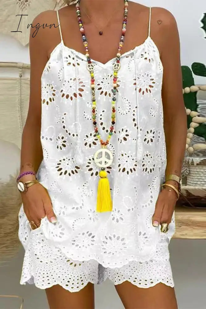 Ingvn - Casual Solid Lace Pocket V Neck Sleeveless Two Pieces