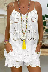 Ingvn - Casual Solid Lace Pocket V Neck Sleeveless Two Pieces