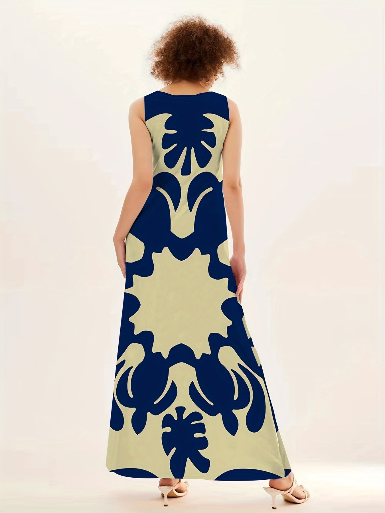 Boho Chic Sleeveless V-Neck Maxi Dress - Eye-Catching Graphic Print, Perfect for Spring & Summer - Womens Airy Beachwear