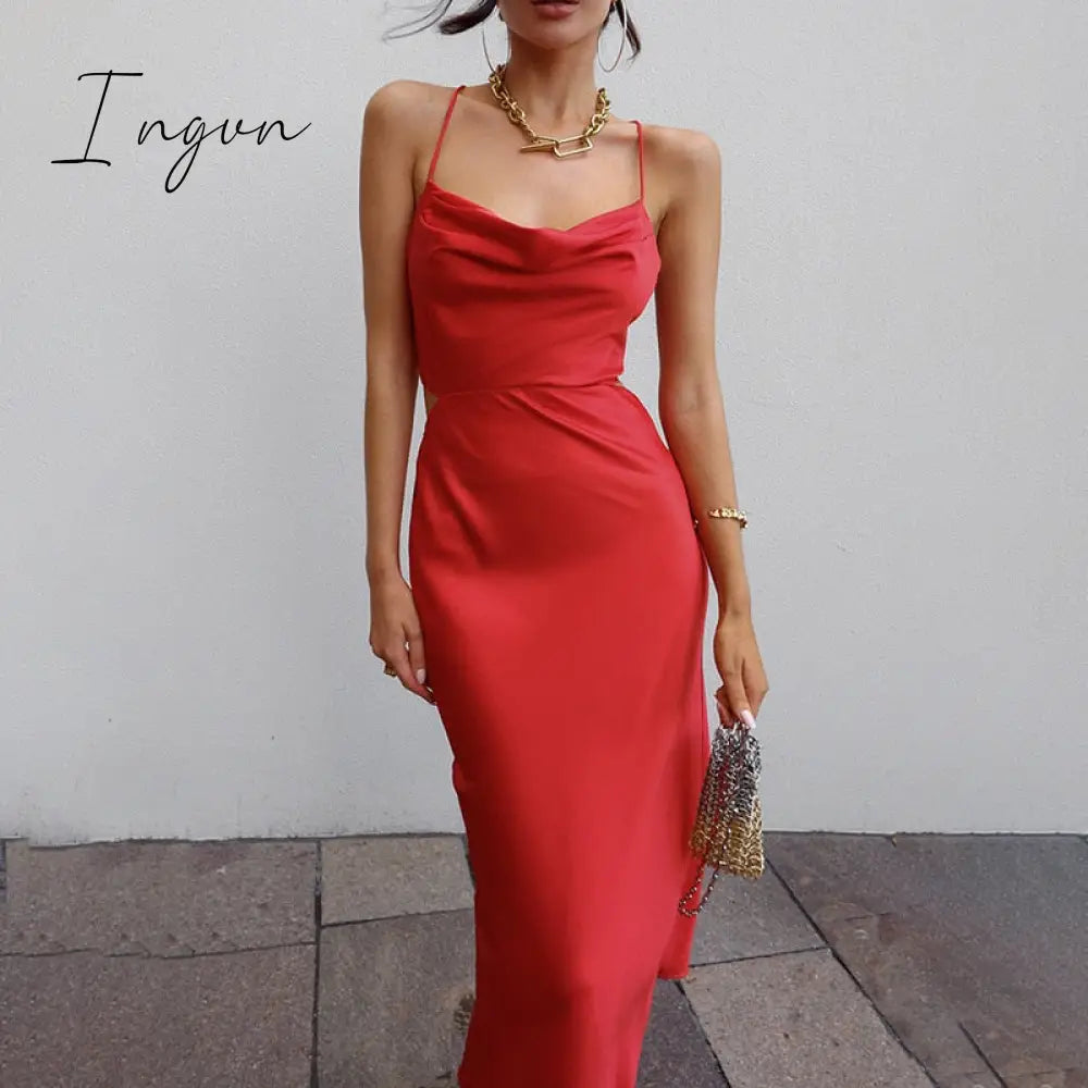 Ingvn - Purple Satin Midi Dress Summer Women Sexy Backless Sleeveless Pile Collar Spaghetti Strap Bandage Dress Woman Party Long Dresses