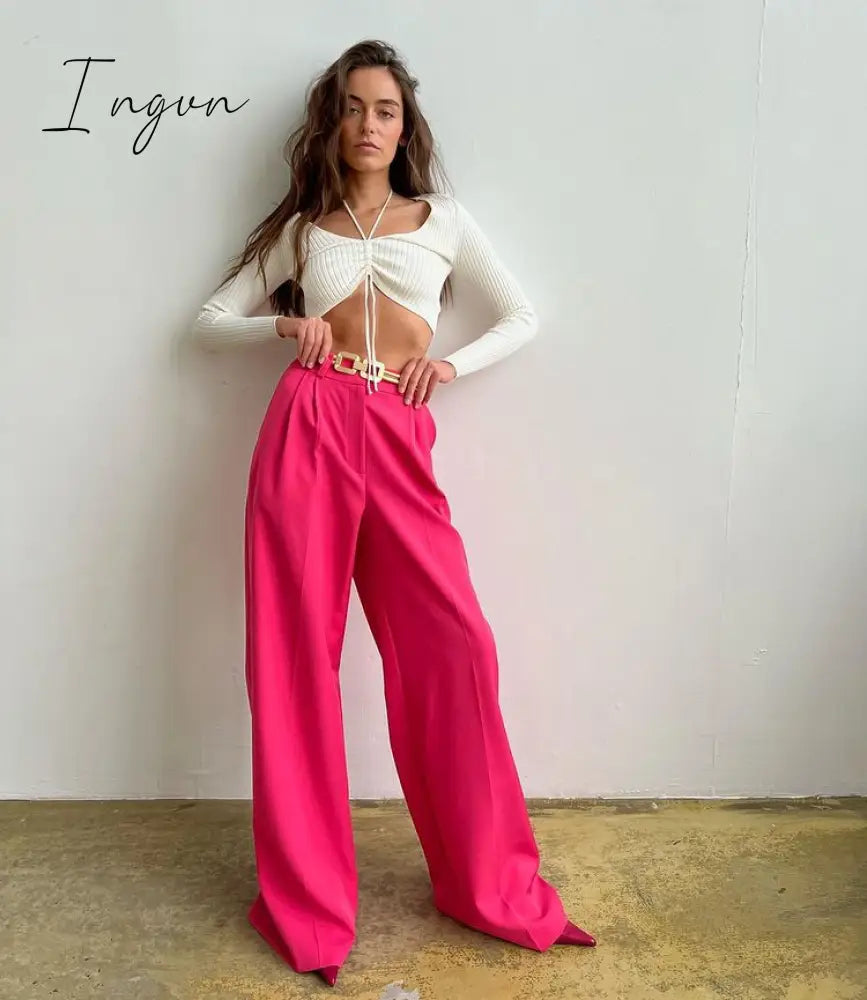 Ingvn - Outfits Trends New Spring Summer Women's Casual Straight Classic Green Black Rose Red High Waist Pants Korean Wide Leg Trousers for Women
