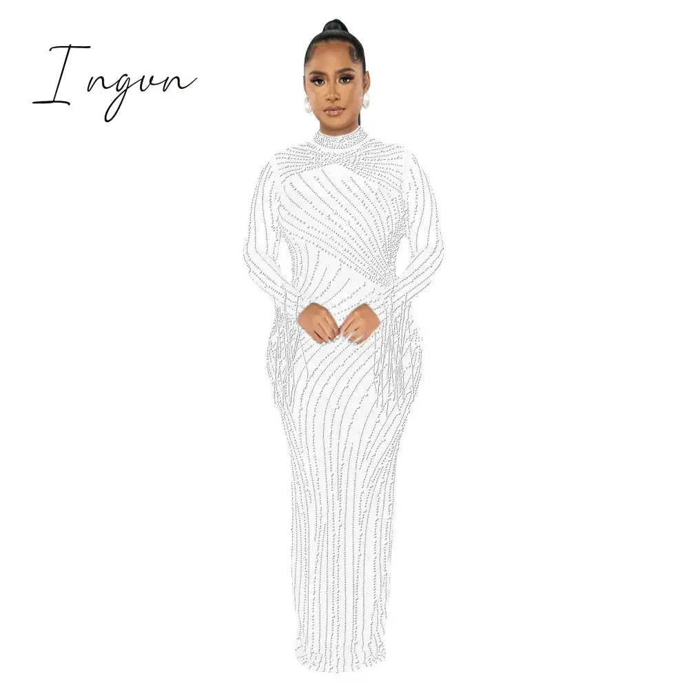 Ingvn - Women's Sexy See Through Rhinestone Bead Mesh Dress Luxury High Neck Long Sleeve Tassels Maxi Party Night Dresses 2 Piece Set
