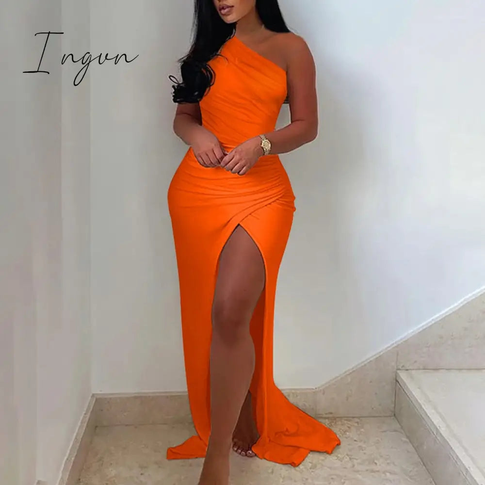Ingvn - New Summer Elegant Solid One Shoulder High Split Thigh Ruched Maxi Floor Dress White Sexy Corset Asymmetric Party Robes Female