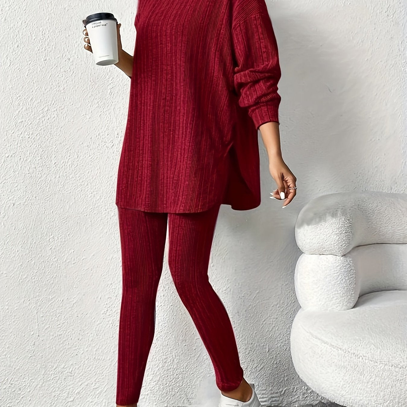 Sleek Duo, Elegant Solid Color Ribbed Hoodie & Leggings Set for Women - Long Sleeve, Polyester Blend, Machine Washable - Perfect for Spring/Fall
