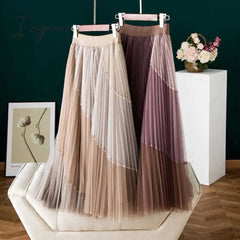 Ingvn - Gauze Patchwork Pleated Midi Skirts Spring Summer New Fashion Streetwear Casual Elastic High-waisted Women's Skirt