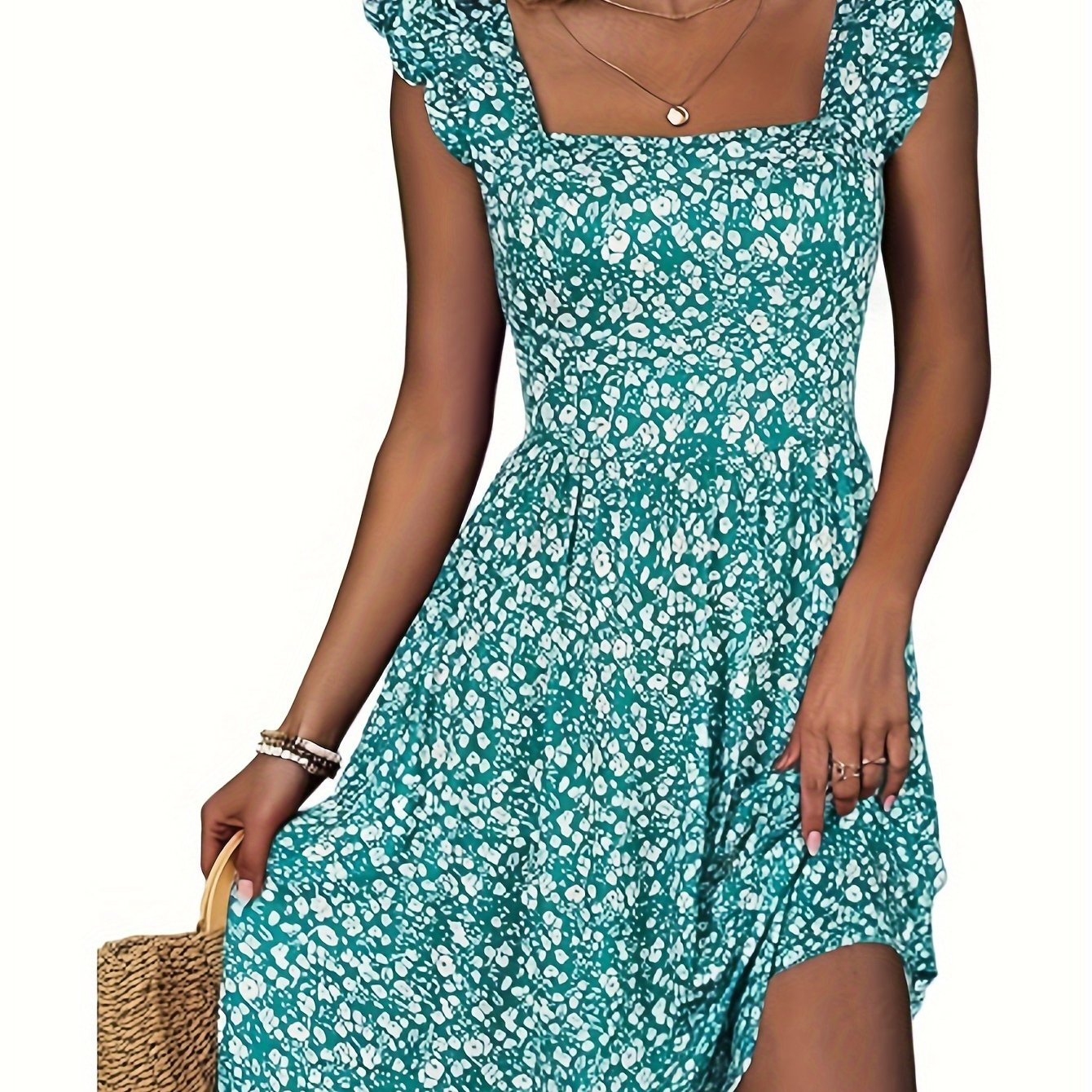Floral Print Square Neck Patched Pockets Dress, Elegant Ruffle Sleeves Cinched Waist Dress For Spring & Summer, Women's Clothing
