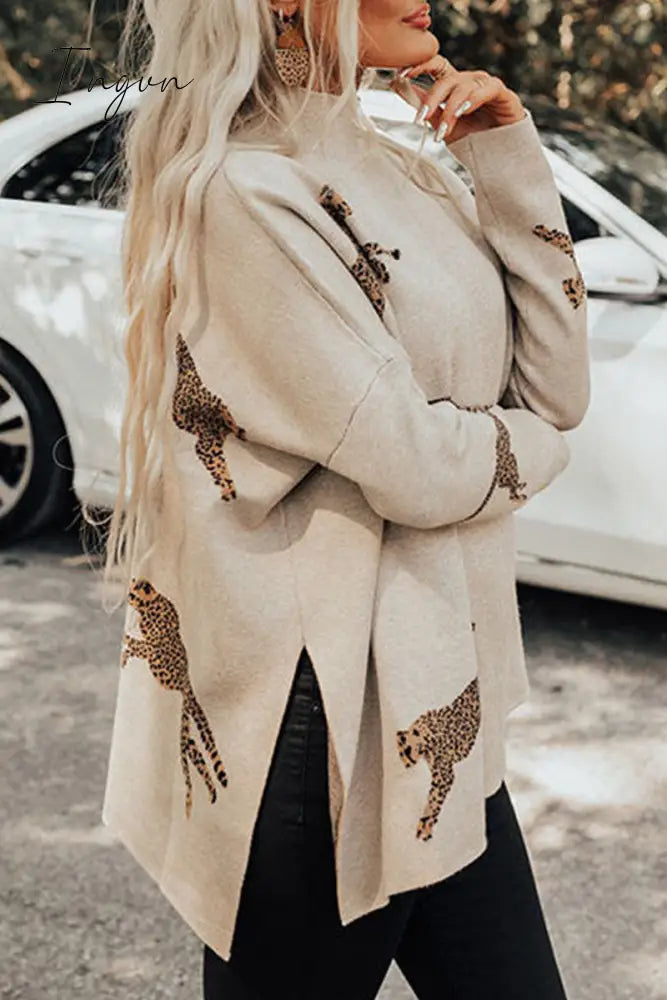 Ingvn - Casual Animal Slit Printing Turtleneck Tops