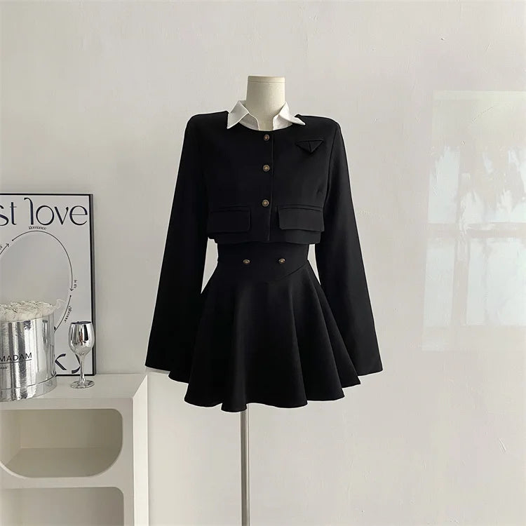 Voguable  Y2K 3 Piece Set Women Cropped Coat + Long Sleeve Shirt + High Waist Halter Ruffles Mini Dress Korean Chic Fashion Sexy Outfits