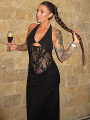 Sheer Lace Hollow Out Sexy Maxi Dress For Women Gown Halter Deep V Neck Sleeveless Backless Bodycon Long Dress