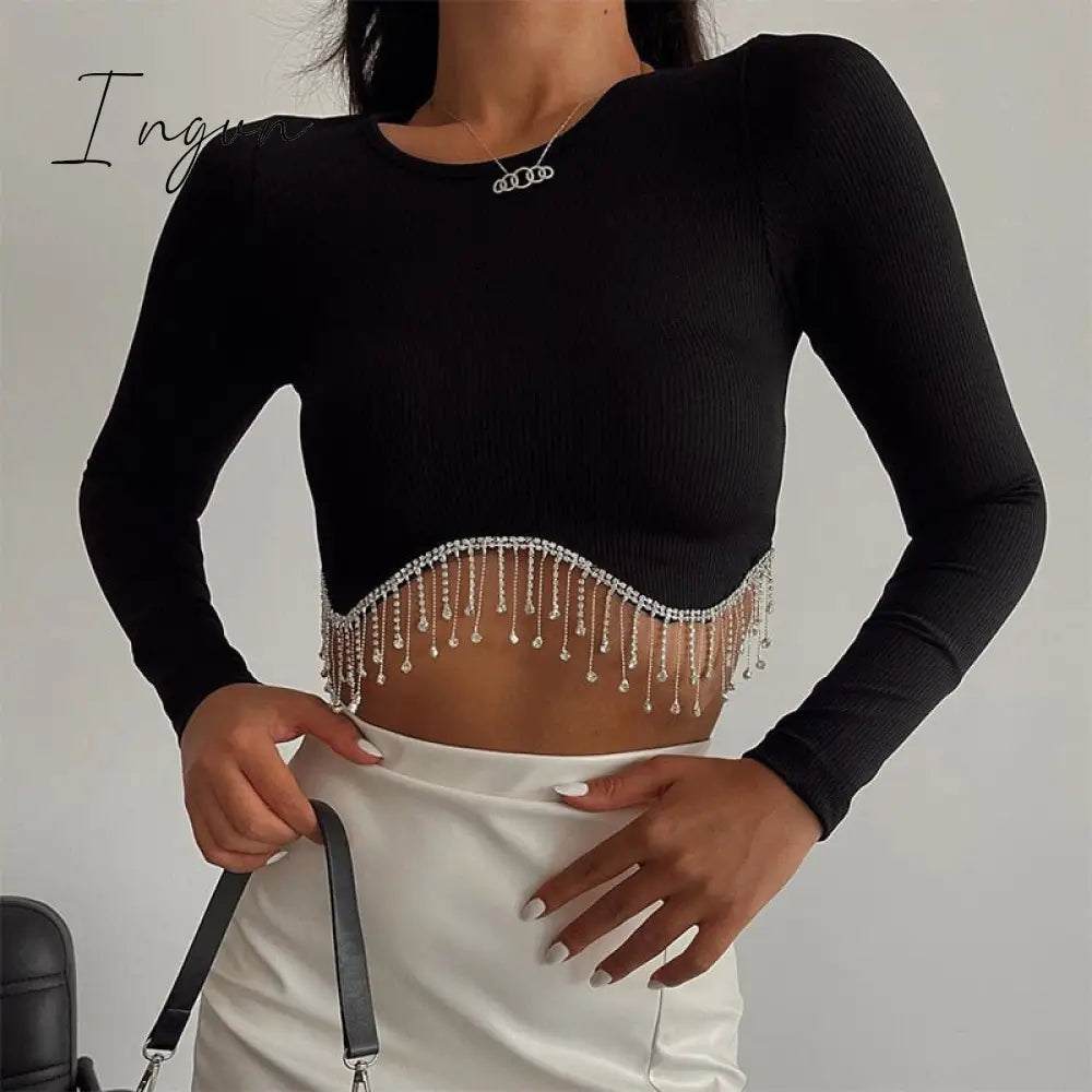 Ingvn - Loose Rhinestone Women Crop Top 2023 Spring Long Sleeve O-neck Tassel Hem Female T-shirt Casual Chic Streetwear Lady Tshirt