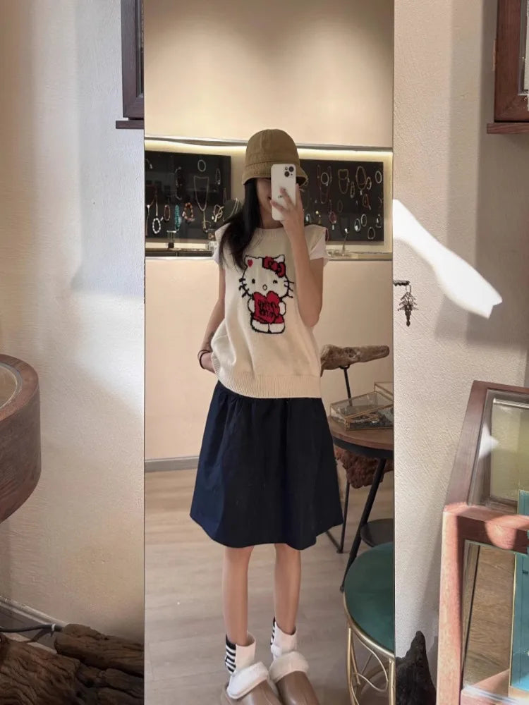 Navy Blue Elastic Waist Skirt Female Faldas Niche Summer High-waisted Slimming Puffy Skirt Y2k Korean A-line Skirts