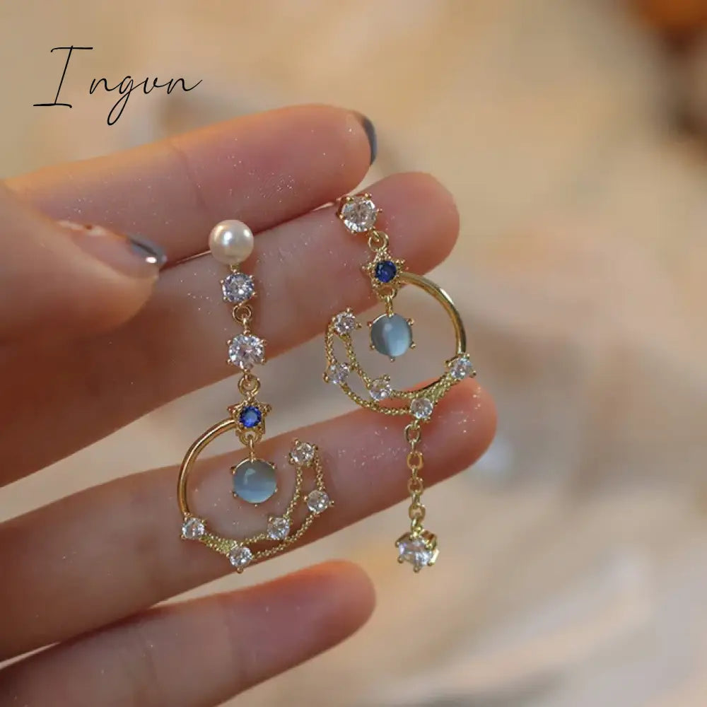 Korean New Light Luxury Zircon Moon Star Asymmetric Stud Earrings For Women Crystal Cloud Pearl Earring Girl Jewelry Gifts
