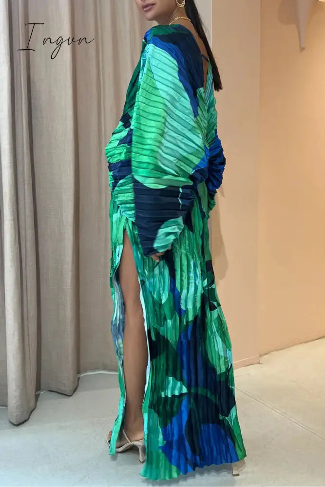Ingvn - Elegant Vacation Print Fold V Neck Printed Dress Dresses