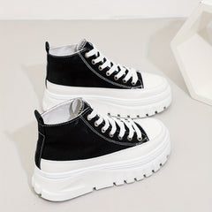 High-top Heightening Women's Canvas Solid Color Casual Sneakers, Lace Up Platform Soft Sole Walking Skate Shoes