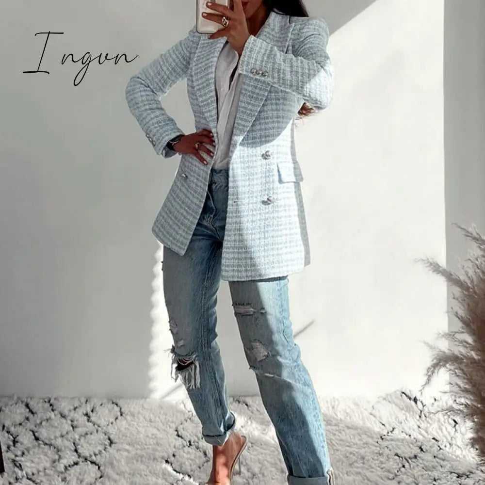 Ingvn - Fashion Casual Double Breasted Tweed Women Blazer Coat New Long Spring Autumn Jackets Coats Female Chic Office Lady Tops