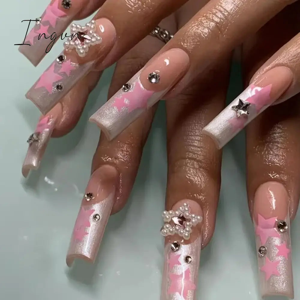24pcs Artifical Bails With Glue Fake Nail Tips With Design Detachable Press On Nails Long Fake Nail Finished Nail Piece Sticker