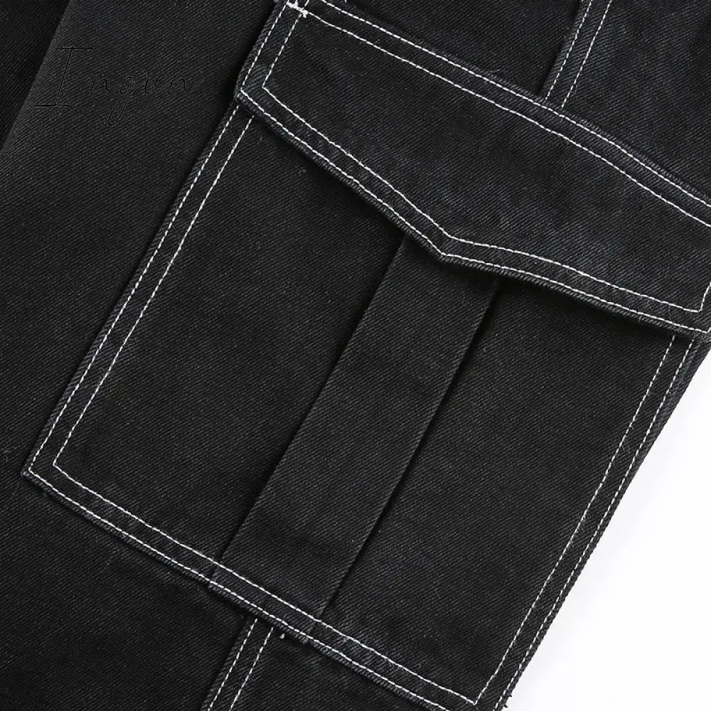 Ingvn - Womens Fashion Trends Pockets Patchwork Baggy Jeans Fashion Streetwear 100% Cotton Women Denim Trouser Loose Cargo Pants Korean Jeans Harajuku