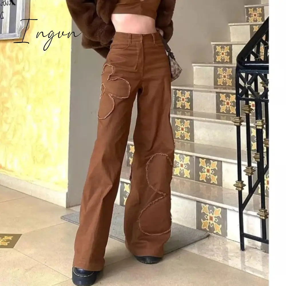 Ingvn - Brown Vintage Baggy Jeans Women 90s Streetwear