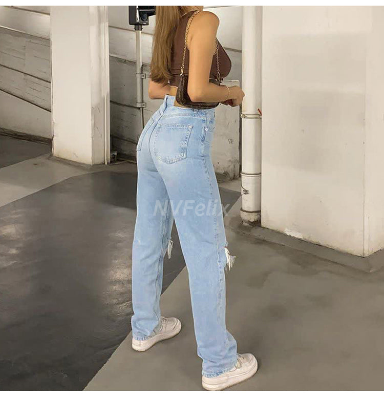 Voguable  Womens Loose Fit Jeans  Ripped Wide Leg For Women High Waist Blue Wash Casual Cotton Denim Trousers Summer Baggy Jean Pants