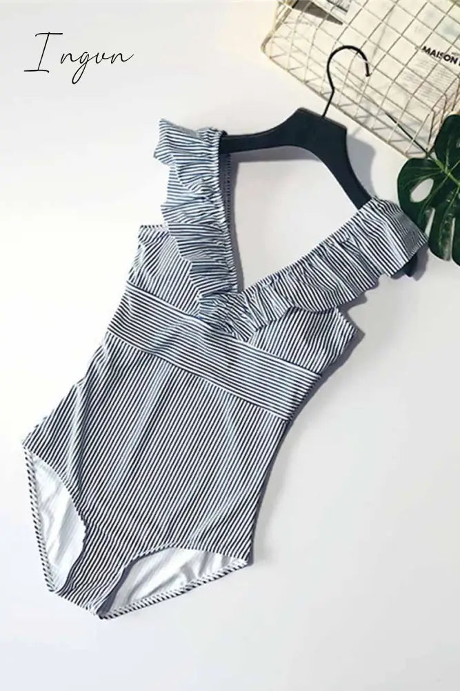 Ingvn - Ruffled Striped One-Piece Swimsuit ( 3 Colors)