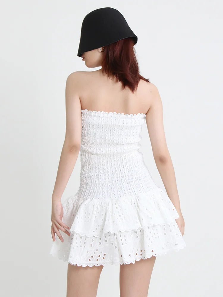 Cut Out Layered Hem Sexy Dress For Women Strapless Sleeveless Off Shoulder High Waist Mini Dresses Female Clothing