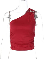 Oblique Shoulder Sleeveless Crop Tops For Women One Shoulder Backless Sexy Tank Tops Female Skinny Club Tops Elegant