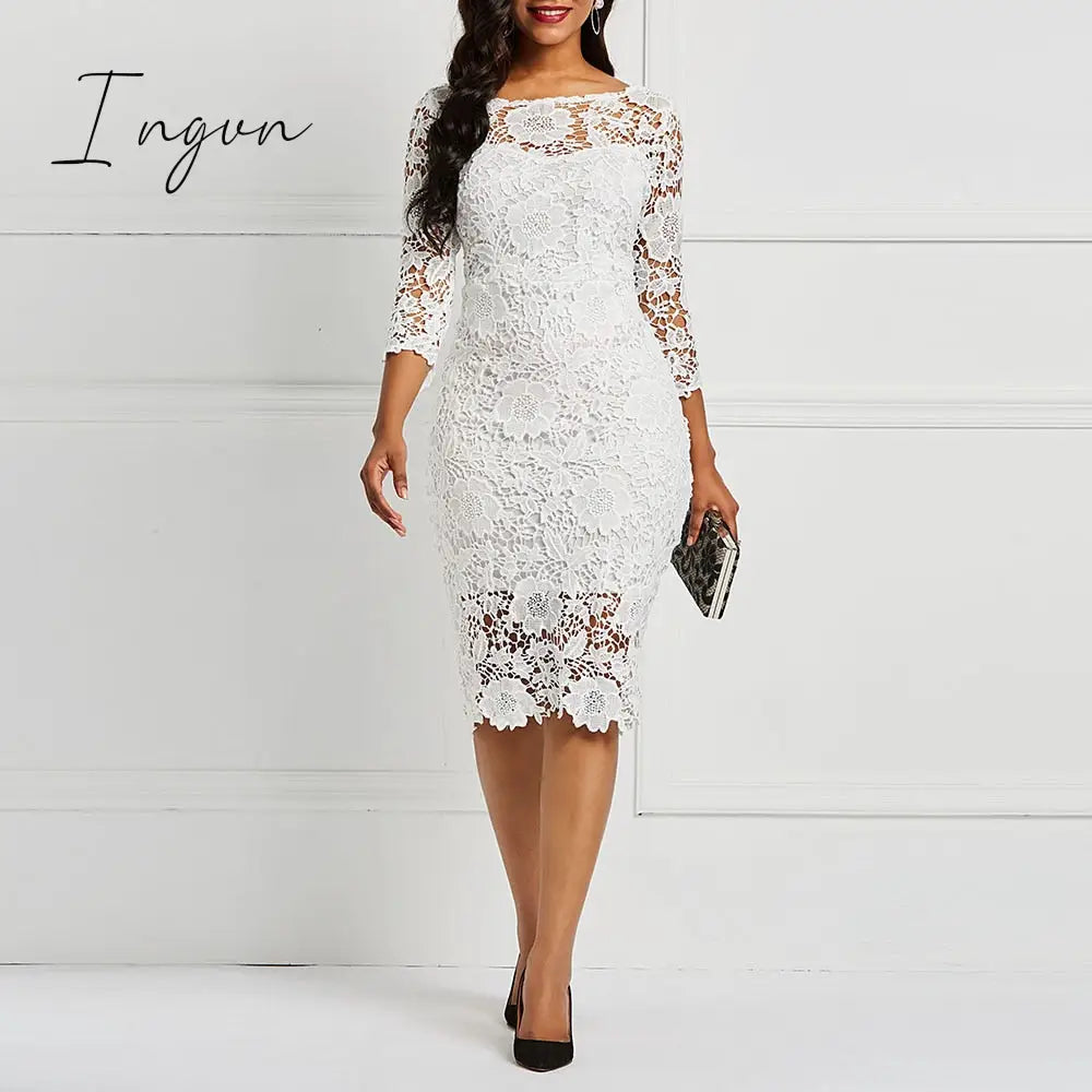 Ingvn - Evening Party Date Women White See Through Hollow Out Floral Lace Bodycon Dress Office Lady Spring Summer Work Basic Dresses