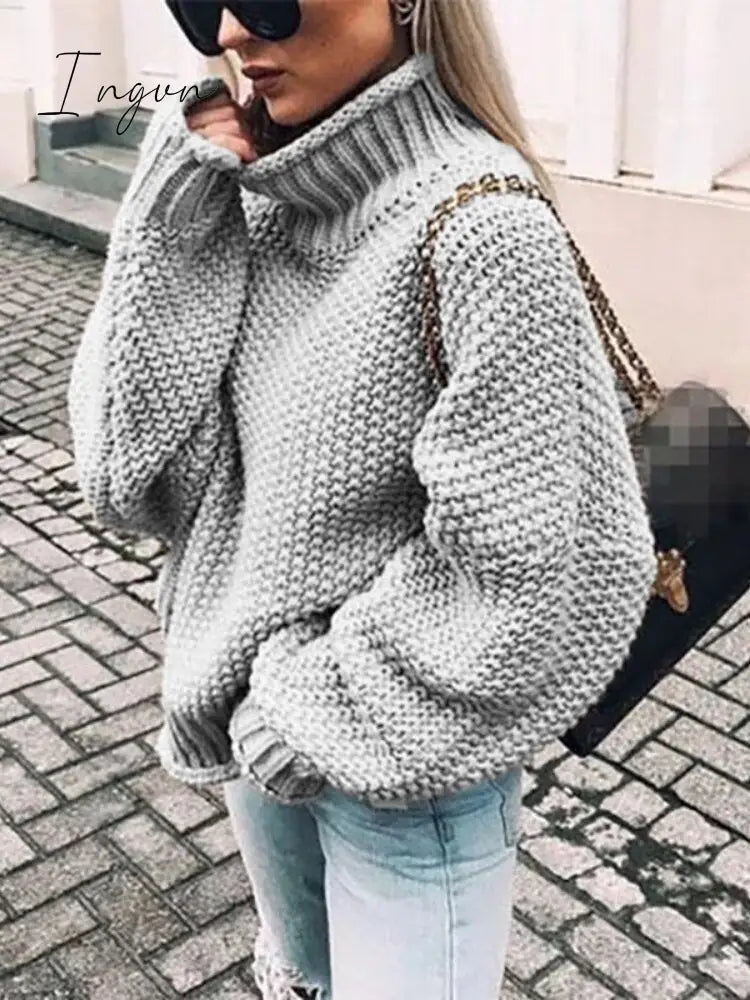 Ingvn - Womens Fall Fashion Sweater Women Autumn/Winter Turtleneck Doll Sleeve Loose Knit Sweater Fashion Women's Top Sweaters High Quality Thermal