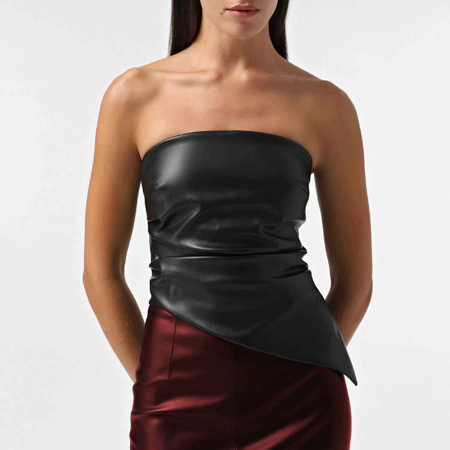 Mozision Off-shoulder Strapless PU Leather Sexy Tops Women Fashion Zipper Backless Sleeveless Ruched Irregular Club Crop Tops