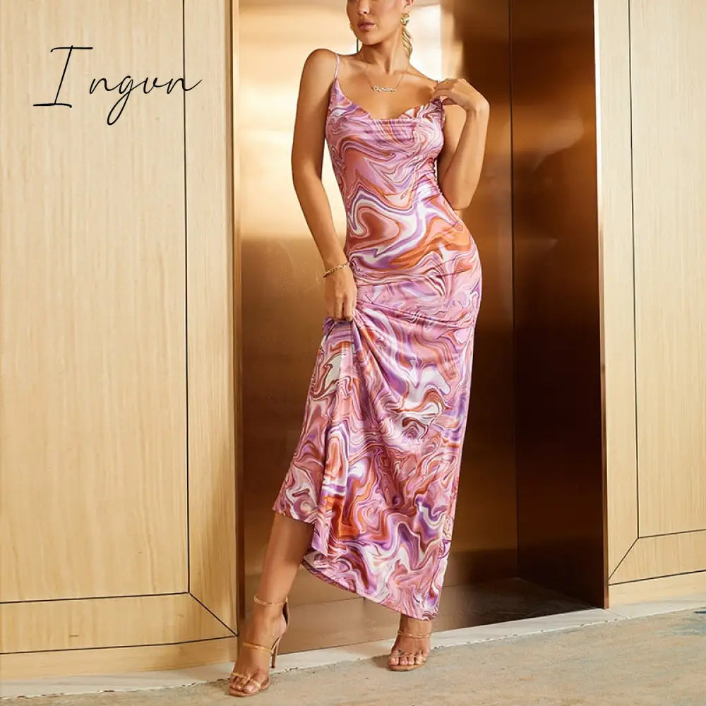Ingvn - Print Maxi Dress Women Sexy Low Cut Cowl Neck Back Lace Up Sexy Dresses Seaside Party Club Wear Long Dress New