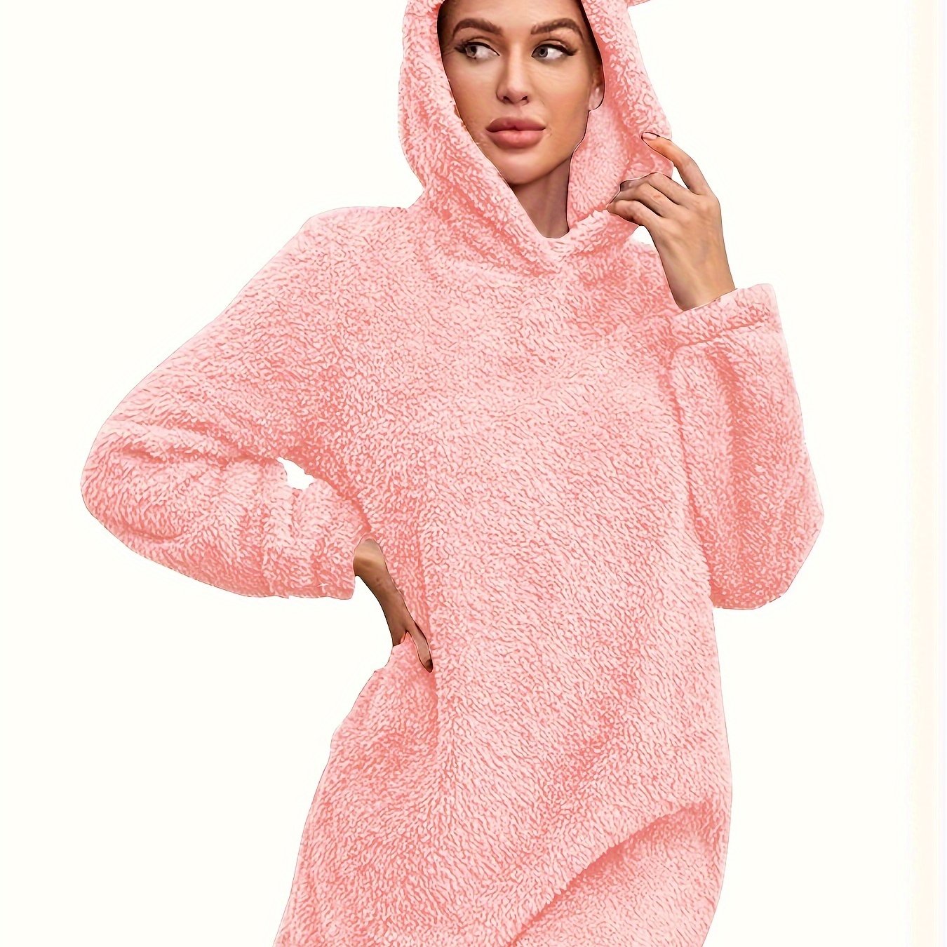 Cozy Fuzzy Solid Color Loose Fit Hooded Dress - Women's Casual Long Sleeve Dresses for Fall & Winter - Soft, Warm, and Comfortable Clothing for Everyday Wear