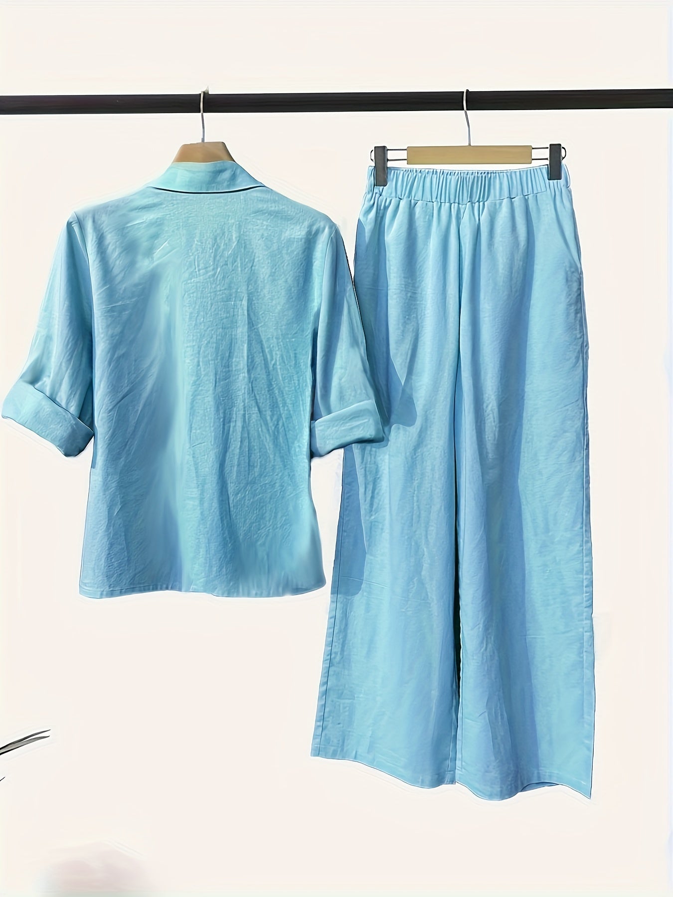 Two-Piece Solid Color Chic Pantsuit Set - Women's Casual Long Sleeve Shirt & Elastic Waist Pants Outfits with Comfortable Fabric and Versatile Style for Daily Wear