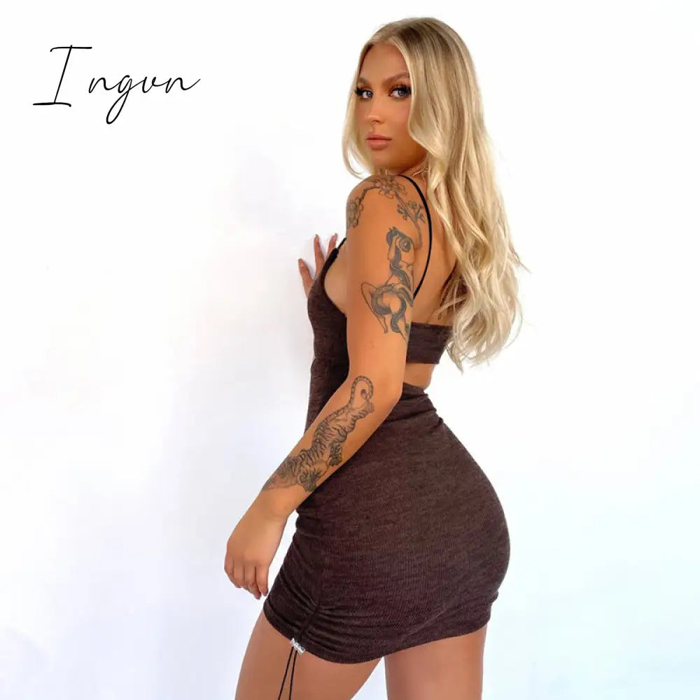 Ingvn - Spaghetti Strap Drawstring Ruched Cut-Out Sexy Backless Mini Dress for Women Club Party Sleeveless Dresses Bodycon