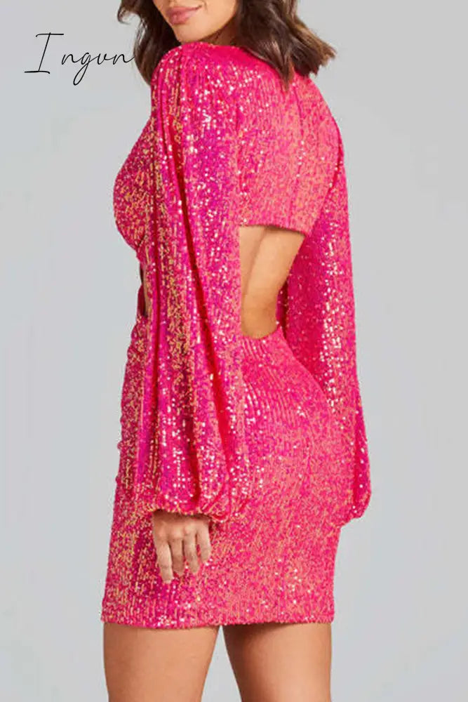 Ingvn - Sexy Solid Sequins Sequined V Neck Wrapped Skirt Dresses